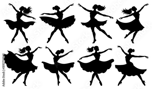 Ballerina and Ballet Dancer Silhouettes Set in Elegant Dance Poses and Actions, Transparent Background