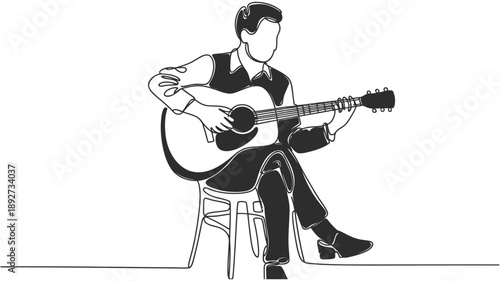 Continuous line art illustration of a musician seated and playing an acoustic guitar