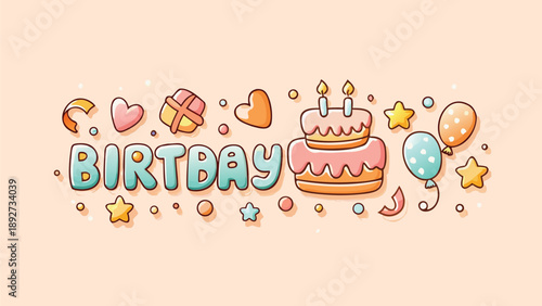 Soft pastel cartoon birthday cake with candles and decorations on peach background