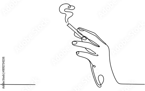 Minimalist one line art drawing of a human hand holding a smoking cigarette