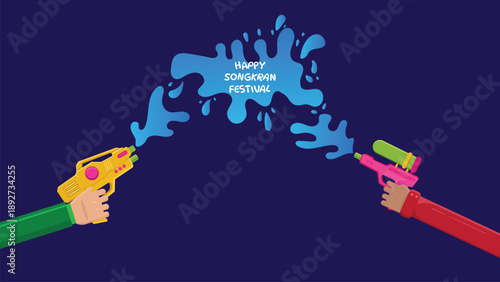 Playful Flat Design Songkran Festival Background Featuring Two Hands Holding Water Guns Blue Splash Shape and Bright Color Contrast for Holiday Promotion