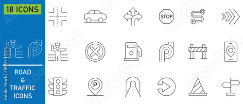 Collection of road and traffic line icons. .Containing street, GPS map location, traffic light parking route symbols. Traffic jam and pedestrian crossing icons. Effective transportation regulation. 