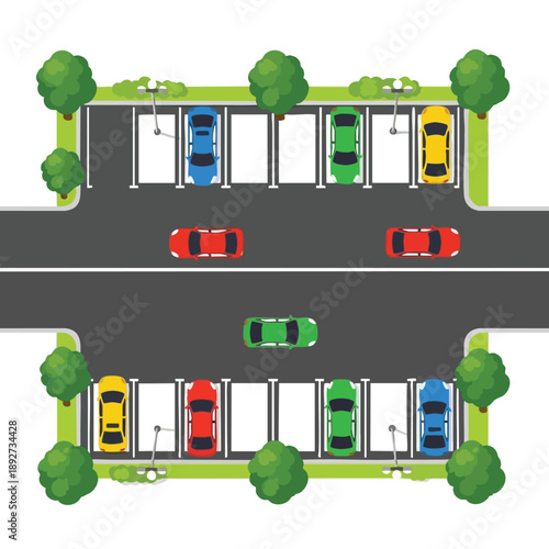 Overhead View of Parking Lot with Colored Cars