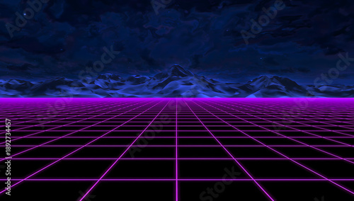 Retro 80s Synthwave Landscape Grid Background with Neon Purple Lines
