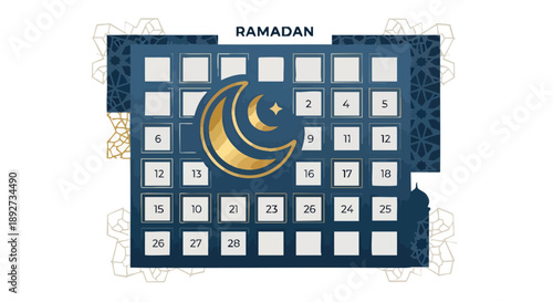 Ramadan Preparations An elegant calendar illustration featuring a golden crescent moon, star, and traditional Islamic patterns, symbolizing spiritual reflection and festive anticipation