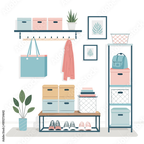 Organized Entryway Storage Illustration Featuring Coat Rack, Shelves, and Storage Units in a Modern Home Interior