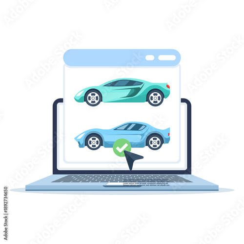 Flat vector illustration of an online car auction on a PC. Concept for digital vehicle marketplaces, online bidding, car rentals, and web-based automotive shopping.