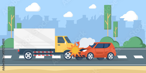 Car accident vector illustration showing a truck and car collision from the side. Road crash concept highlighting vehicle damage, traffic safety, and personal driving awareness.