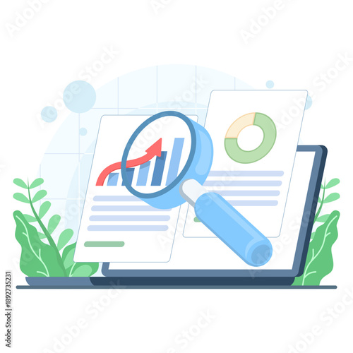 Flat vector illustration of audit research on a computer. Concept for financial reports, accounting analysis, data review, and digital document verification with charts.
