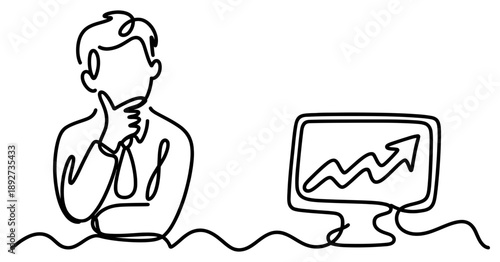 A businessman contemplating an upward trend on a computer monitor, symbolizing growth and positive outlook