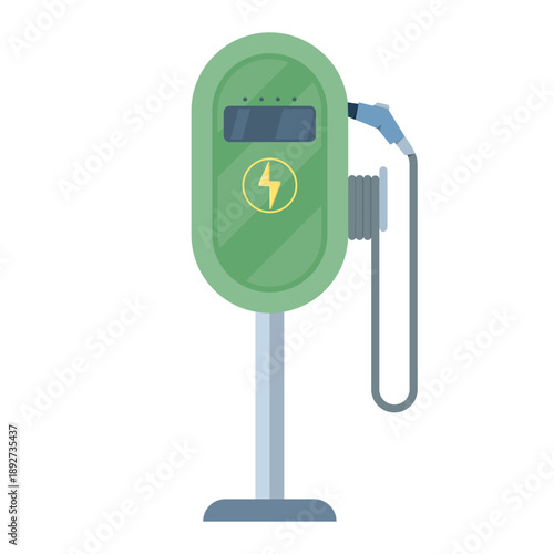 Flat vector illustration of an electric car charging station with cable. Concept for EV charging, sustainable transport, and green vehicle infrastructure.