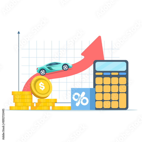 Car price increase vector illustration with money growth concept. Automotive market trend showing rising vehicle costs, financial investment, and economic impact visuals.
