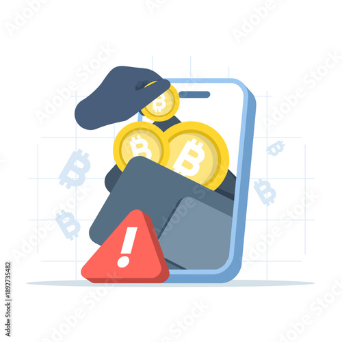 Crypto wallet hacking icon with hacker stealing Bitcoin from smartphone. Creative flat vector illustration for cryptocurrency theft, cybercrime, and digital finance security concepts.