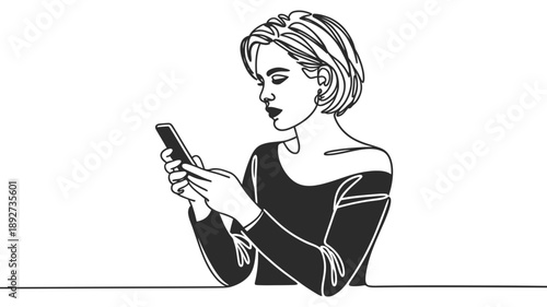 Young woman deeply focused on her smartphone, captured in a modern continuous line drawing style
