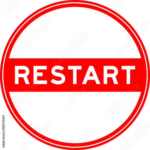 Red color round seal sticker in word restart on white background