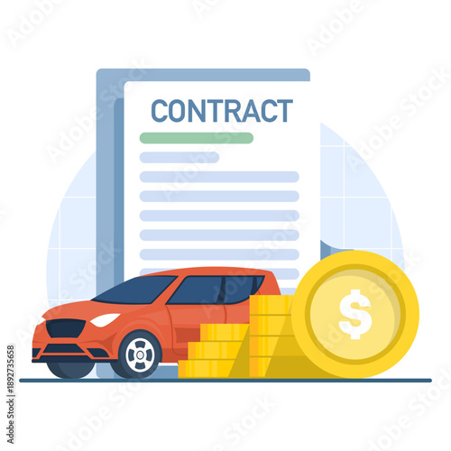 Vector illustration of an automotive sales agreement document. Clean design symbolizing car purchase contract, legal paperwork, and vehicle transaction process.