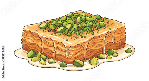 Illustration of Delicious Baklava with Pistachios, a Sweet Treat Ideal for Ramadan Preparations and Festive Gatherings, Showing Detailed Layers of Pastry and Syrup Drizzle