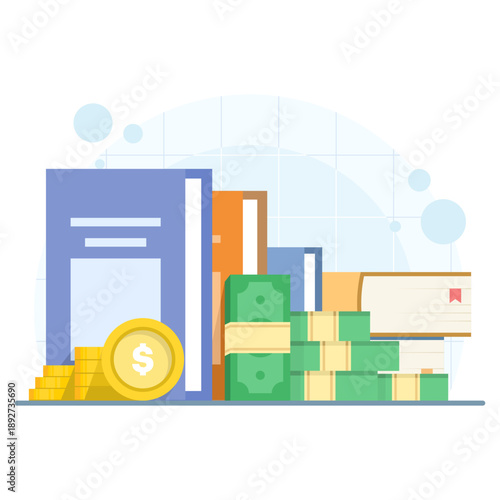Flat vector illustration of stacked books with money. Concept for tuition, scholarships, educational funding, and investing in student learning and success.