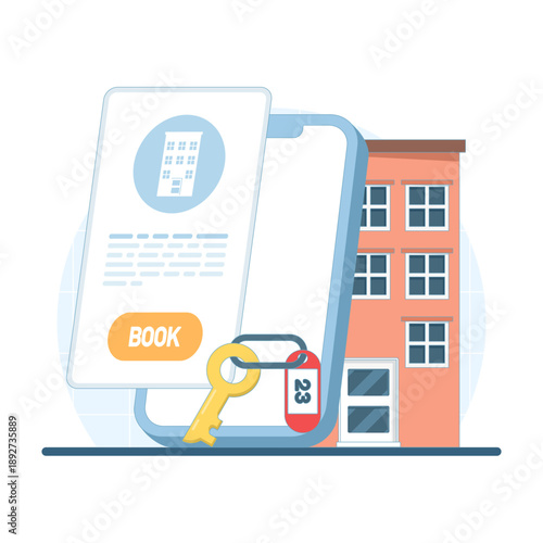 Hotel booking icon on smartphone screen. Creative vector illustration for mobile reservation, travel app, and digital tourism service concept.