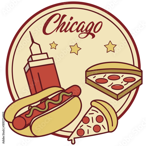 Retro Chicago city emblem with skyline skyscraper and fast food