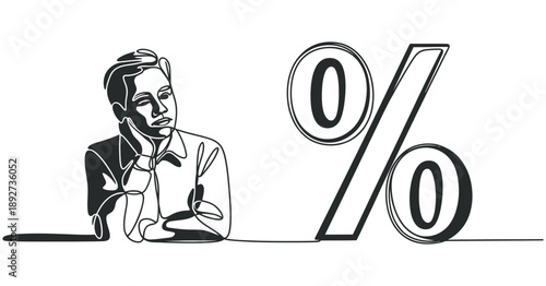 A pensive man contemplates the meaning of zero percent, reflecting on interest or growth