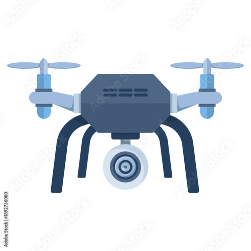 Quadcopter drone vector illustration with video camera for aerial photography and surveillance. Modern UAV technology concept for filming, monitoring, and remote capture.