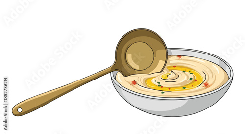 Illustration of a bowl of creamy soup, possibly hummus, with a ladle, perfect for Ramadan preparations and festive gatherings, symbolizing nourishment and shared meals