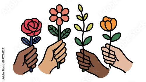 Diverse hands holding various colorful flowers and plants symbolizing unity and appreciation