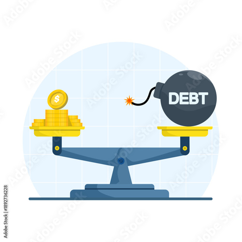 Vector illustration of debt bomb with coins and balance scale. Clean design representing financial imbalance, spending control, and economic burden concept.