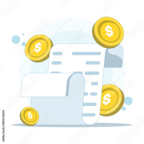 Invoice list vector icon illustrating payment transactions with notification alerts. Receipt paper concept for store shopping, billing records, and business finance documentation.