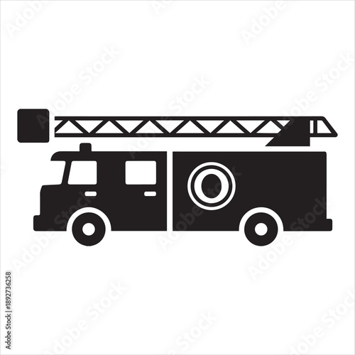 Black flat vector silhouette icon of a fire truck with ladder for emergency rescue services firefighting department equipment isolated on white background.