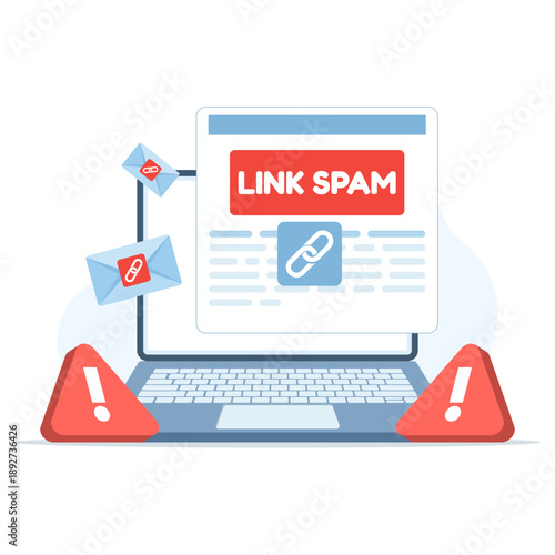 Vector illustration of spam messages and digital cyber attacks. Clean design representing phishing links, hacking threats, and data security issues.