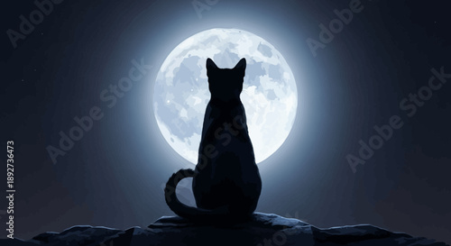 Silhouette of a black cat sitting on a rock, gazing at the bright full moon in a dark night sky