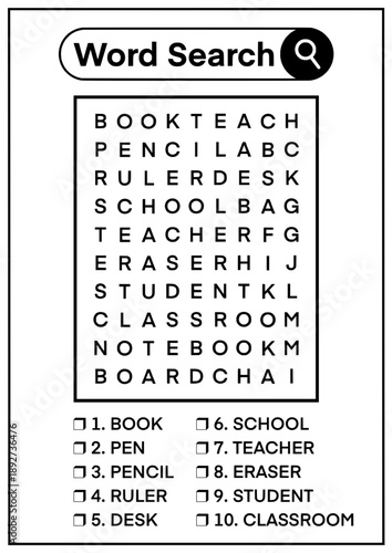 Word Search Puzzle School Easy Level, Kids Word Find Game Worksheet, Children Vocabulary Learning Activity, Printable Educational Classroom Hunt