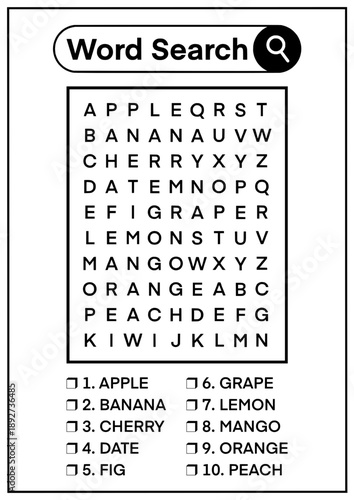 Word Search Puzzle Fruits Easy Level, Kids Word Find Game Worksheet, Children Vocabulary Learning Activity, Printable Educational Word Hunt