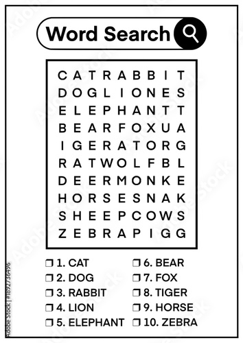 Word Search Puzzle Animals Easy Level, Kids Word Find Game Worksheet, Children Vocabulary Learning Activity, Printable Educational Animal Hunt