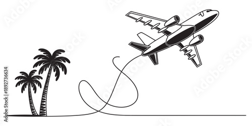 Continuous line drawing of an airplane flying towards tropical palm trees, representing travel