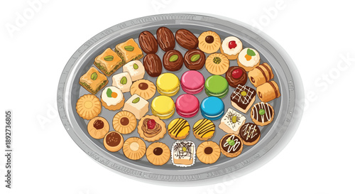 A vibrant assortment of traditional sweet treats, pastries, and colorful macarons presented on a platter for Ramadan Preparations and joyful gatherings