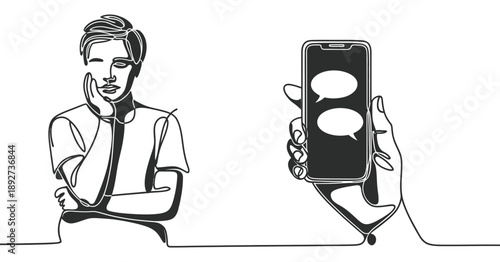 A pensive man looks at a smartphone displaying chat bubbles, pondering digital connection