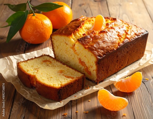 A loaf cake with a sliced piece, mandarin oranges, and leaves on wood. The lighting is warm and the food looks appetizing