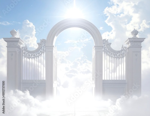 A luminous celestial scene depicts open, ornate gates leading into bright light and fluffy clouds, evoking a feeling of peace
