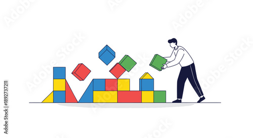 Man building and stacking colorful blocks creating a tower symbolizing construction and creativity