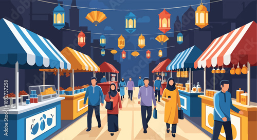 A vibrant illustration depicting a lively street market scene, bustling with people and decorated with lanterns, symbolizing Ramadan preparations and community gatherings