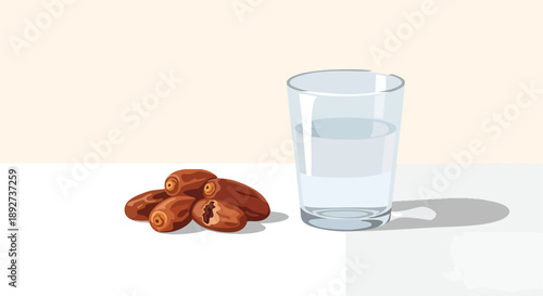 Simple Iftar Meal Setup A Glass of Water and Dates for Ramadan Preparations - Healthy Refreshment for Breaking the Fast