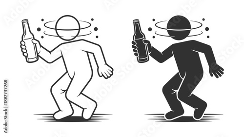 Drunk person holding a bottle and swaying with dizziness, showing signs of intoxication