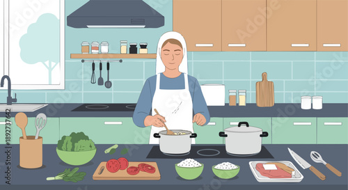 A woman in hijab preparing food in the kitchen, a serene scene of Ramadan preparations with fresh ingredients and cooking utensils