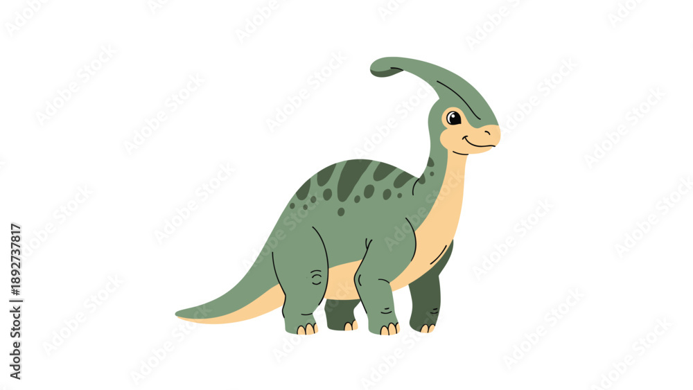 Obraz premium Cute green dinosaur character with dark spots and a long neck for children's educational content, toys, and prehistoric nature themes.
