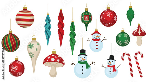 Large assortment of colorful Christmas ornaments including snowmen, mushrooms, and candy canes for festive holiday season decorations.