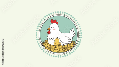 Sweet illustration of a mother hen and her chick in a nest surrounded by a decorative border for farm, family, and easter themes.