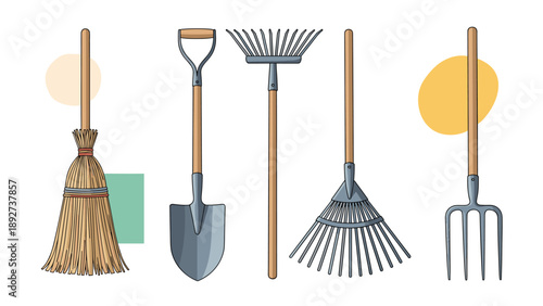 Assorted collection of various gardening tools including a broom, shovel, rake, and pitchfork for home gardening and agricultural themes.